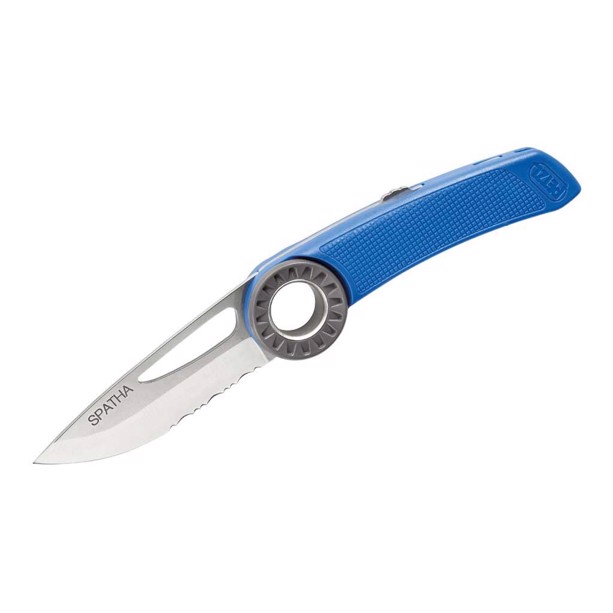 Blå Petzl foldekniv i rustfritstål