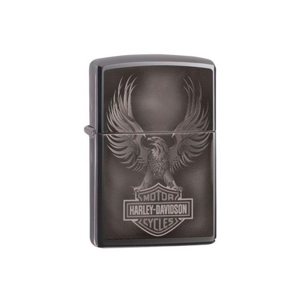 Zippo lighter med billede af en ørn, som griber fat i Harley-Davidson logoet