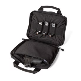 Single Pistol case fra 5.11 Tactical i farven sort set åben med eksempel på indhold