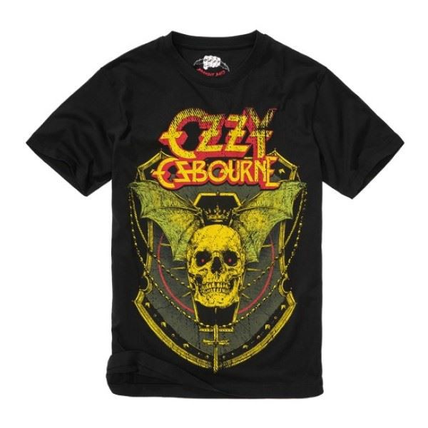 Ozzy Osbourne T-shirt med print af kranie med kongekrone, flagermusvinger og mange andre detaljer
