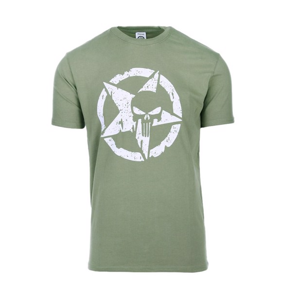 Armygrøn t-shirt med hvidt print med armystar og punisher