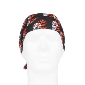 Headwrap dekoreret med hvide kranier og røde flammer