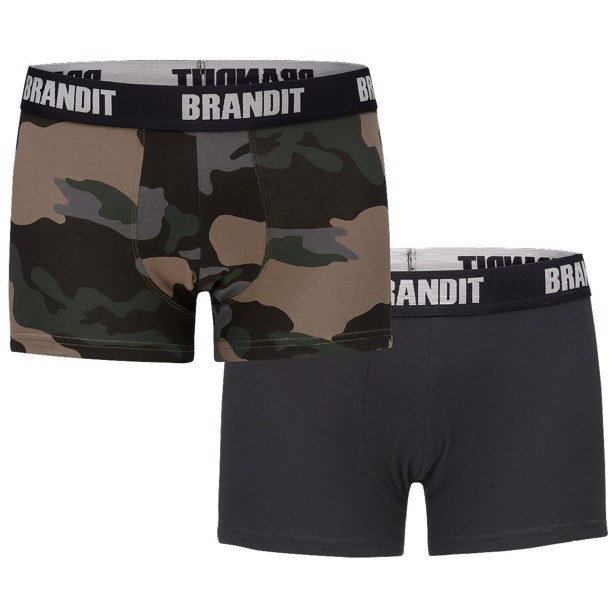 2-pak camouflage boksershorts fra Brandit i farverne Dark Camo og Sort