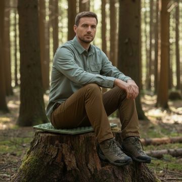 Bushcamp Foldbart Siddeunderlag i Skum set i miljø med mand på træstub