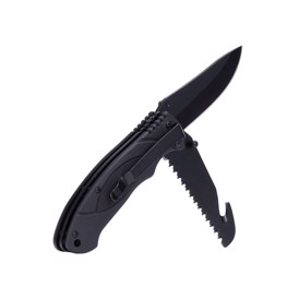 Sort foldekniv med sav, bugåbner i rustfrit stål