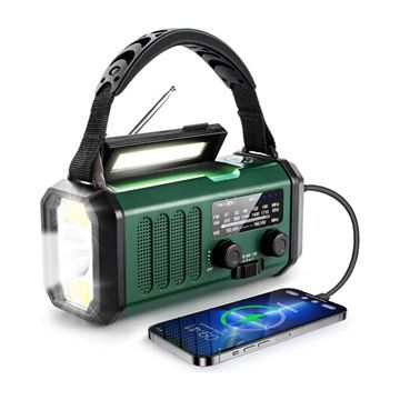 Nødradio, FM/AM, 10.000 mAh Powerbank, Lygte, Solceller og Håndsving set i farven Grøn