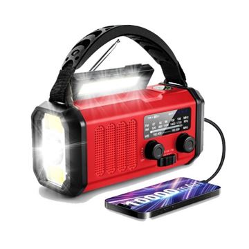 Nødradio, FM/AM, 10.000 mAh Powerbank, Lygte, Solceller og Håndsving set i farven Rød