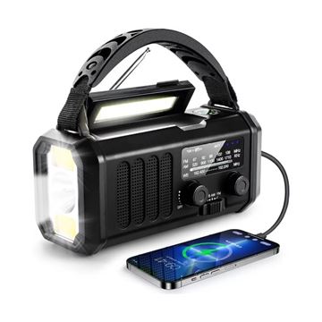 Nødradio, FM/AM, 10.000 mAh Powerbank, Lygte, Solceller og Håndsving set i farven Sort