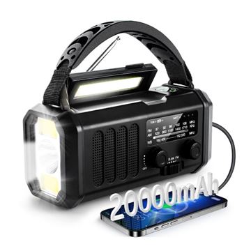 FM/AM/WB Nødradio med Håndsving, lygte, solceller og Powerbank 20.000 mAH set i farven Sort
