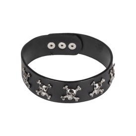 Sort halsbånd i kunstlæder med kranier