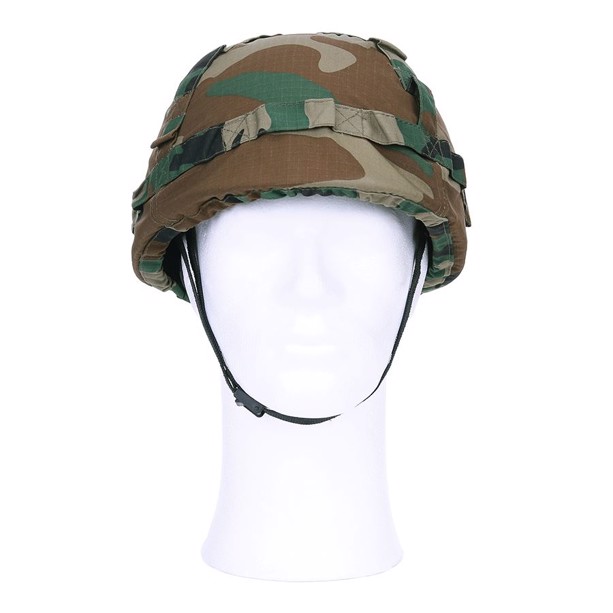 Legetøjs militærhjelm med hjelmovertræk i woodland camouflage