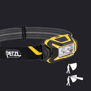 Petzl ARIA 2R Pandelampe, Genopladelig, 625 Lumen, Sort-Gul set med detaljer om lysvinkel