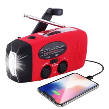 Rød nødradio FM/AM med håndsving, lygte, solceller og powerbank 2000 mAh