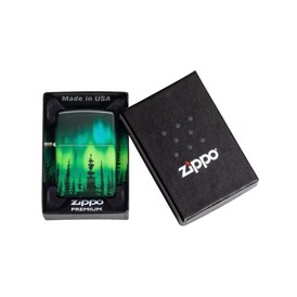 Zippo Lighter med Motiv af Nordlys, Aurora Borealis set i gaveæske